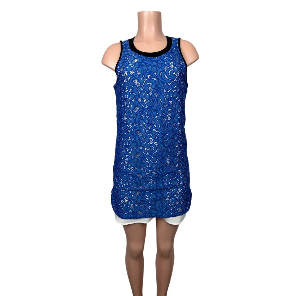 Gianni Bini Size Medium Blue White Lace Shift Dress Overlay Sleeveless Lined